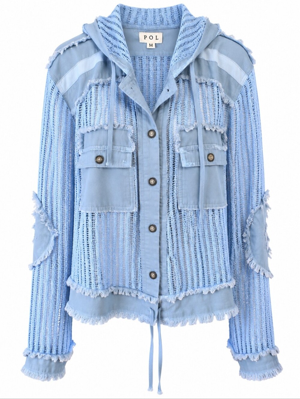 POL Size M Blue Open Knit Distressed Hooded Jacket Shacket Boho Button Front